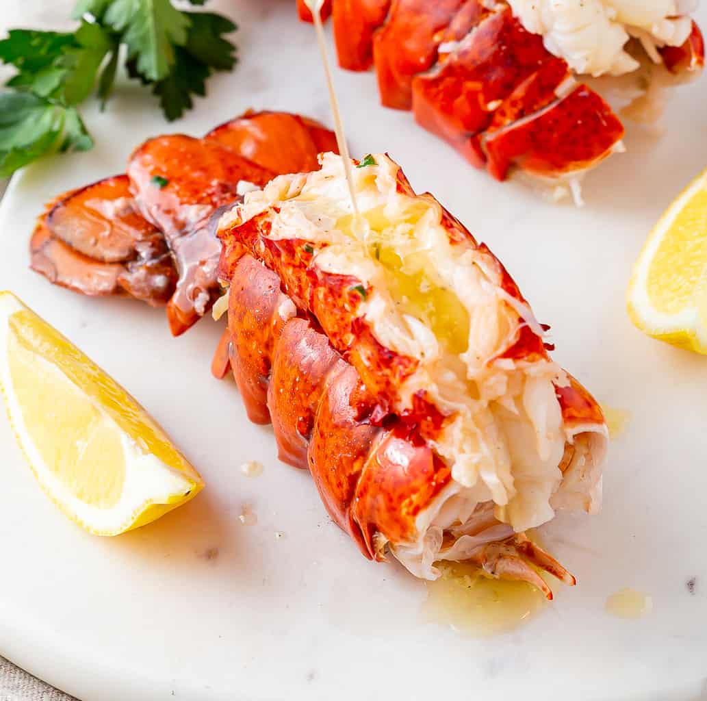 Boiled lobster tails ready for serving